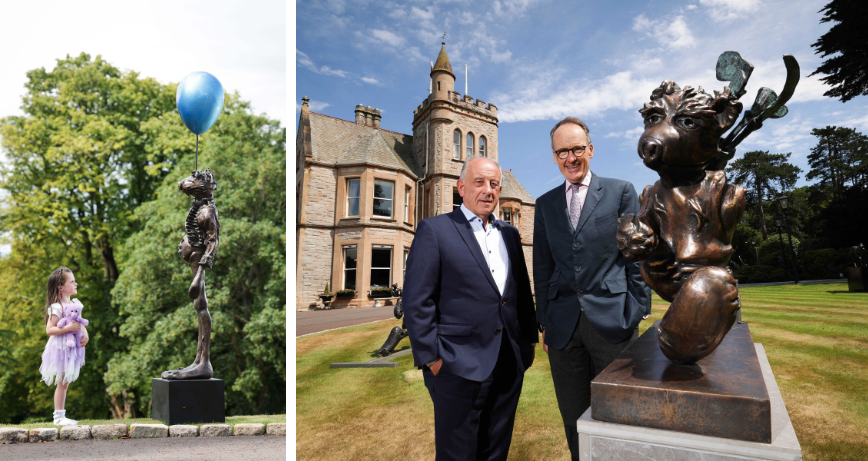 Lucy Gormley, 4, pictured with Patrick O’Reilly’s sculpture Holding Dreams and image to right of Howard Hastings, left, and Oliver Gormley pictured with Patrick O’Reilly’s sculpture Holding Dreams. at the Culloden Estate and Spa, Cultra. Image - Kelvin Boyes